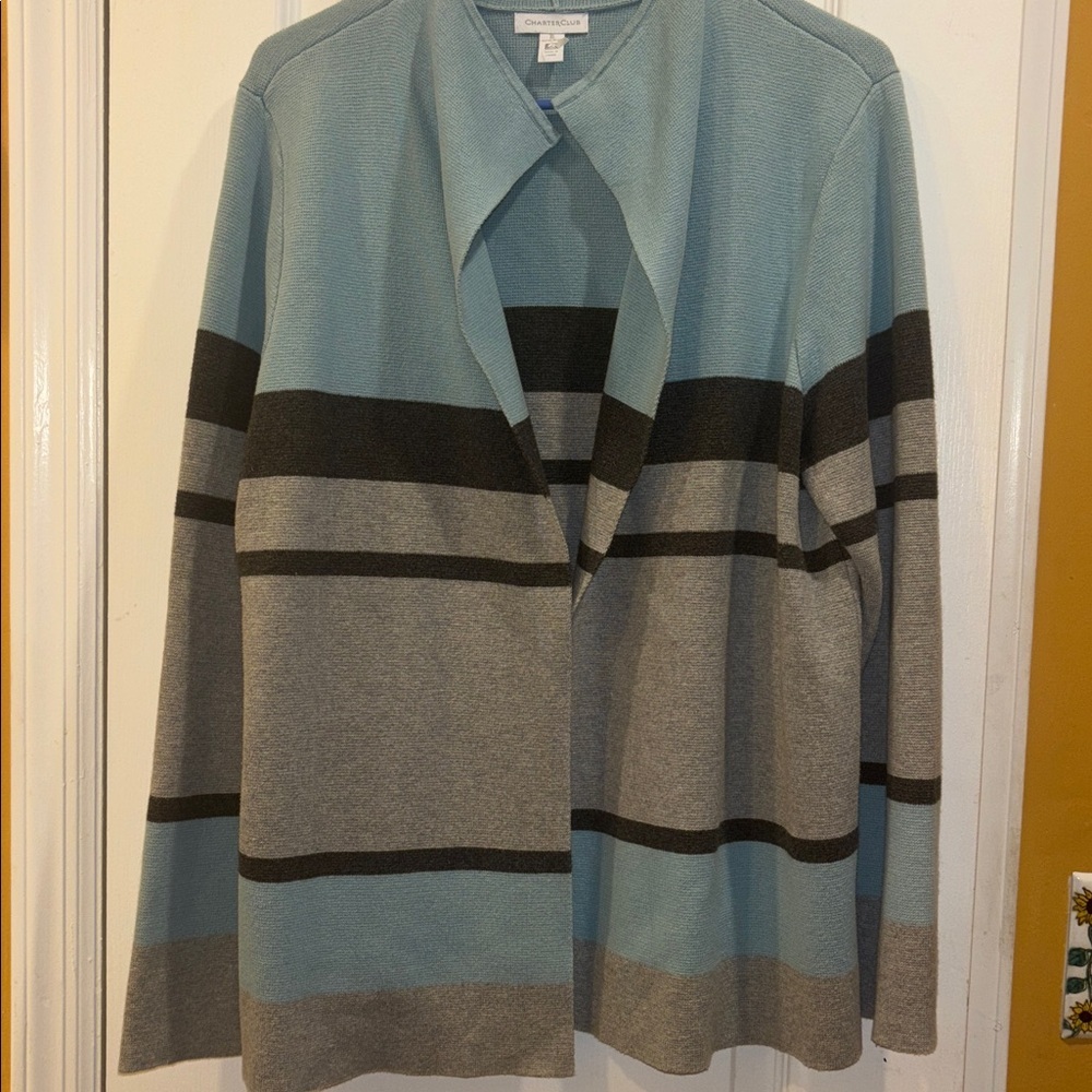 Charter Club Soft Blue and Light/ Dark Gray  Knit Cardigan Open Front No Buttons